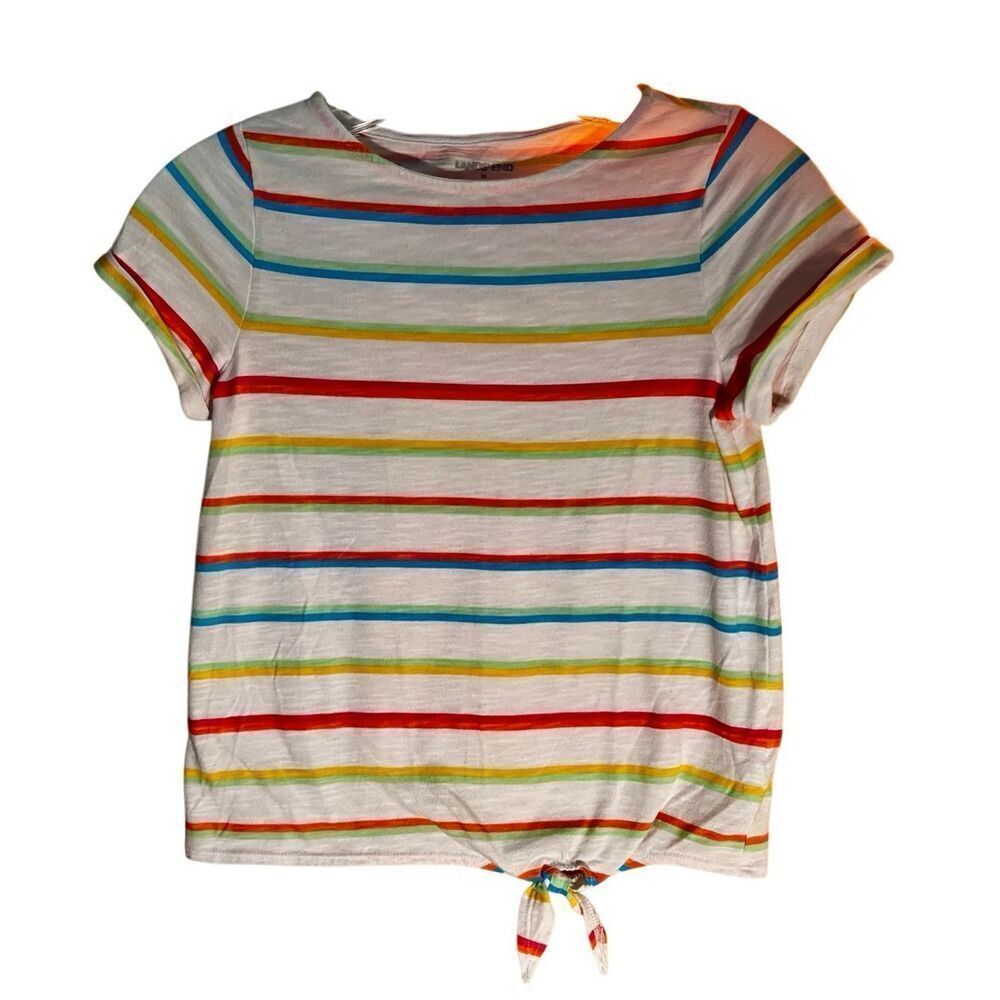 Lands’ End Girls Striped Tee Shirt W Tie at Bottom Hem Size Large 10-12